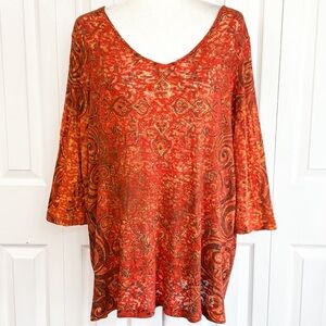 Catherines 1X Embellished Orange Print Sheer Burnout 3/4 Sleeve Tee